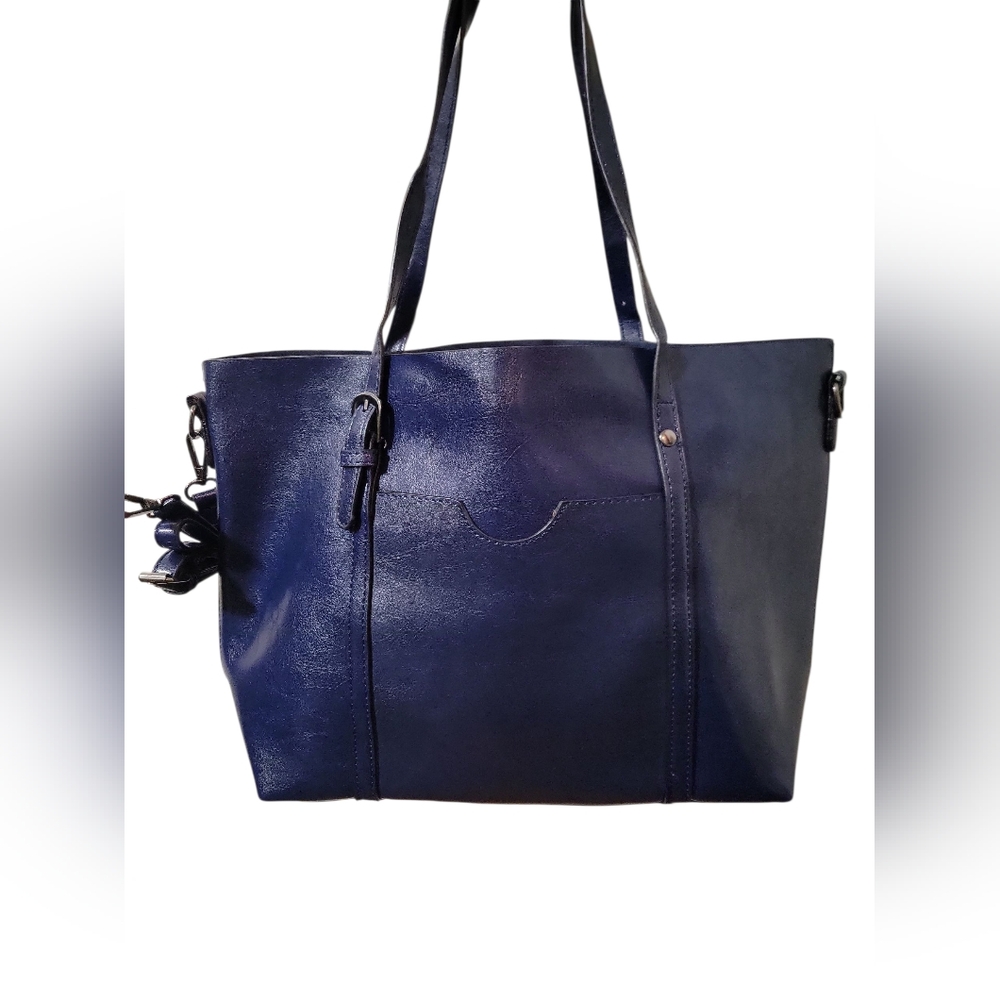 Vegan Leather Navy Blue Zip Top Tote Bag W/ Removeable Crossbody Strap